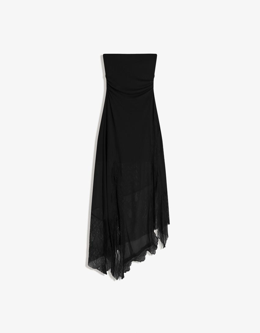 Asymmetric lace bandeau tulle midi dress - Dresses and Jumpsuits - Women | Bershka UK