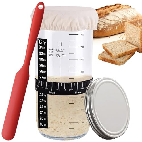 JIUOQUO Sourdough Starter Jar Kits, 34oz/1000ml Sourdough Glass Jar With Thermometer, Feeding Band, Silicone Spatula, & Cloth Cover, Sour Dough Bread Dough Starter For Beginner Sourdough Bread Baking | Amazon (US)