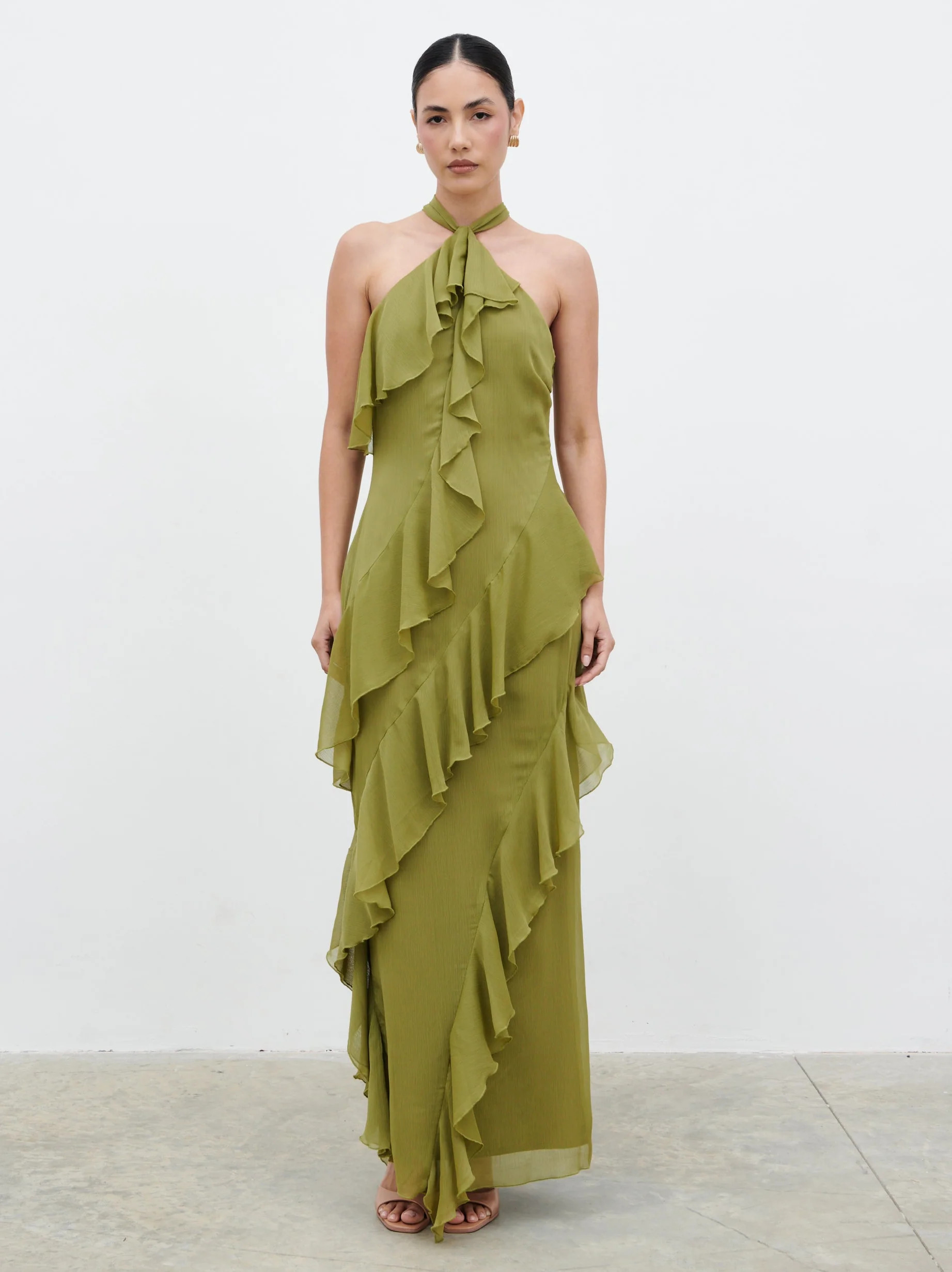 Aria Halterneck Ruffle Maxi Dress | Pretty Lavish (UK)