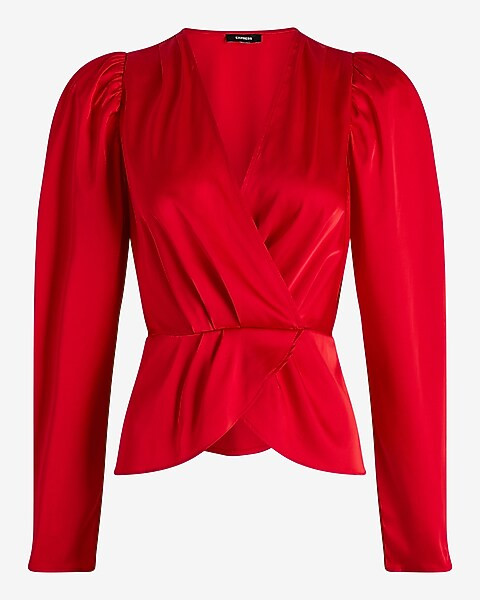 Satin Puff Shoulder Draped Faux Wrap Peplum Top | Express