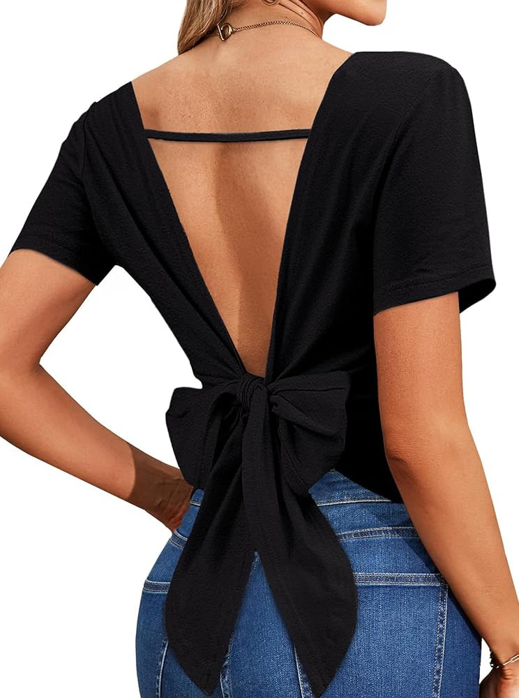 LilyCoco Backless Tops for Women Short Sleeve Sexy Crew Neck Tie Back Plain Shirt | Amazon (US)