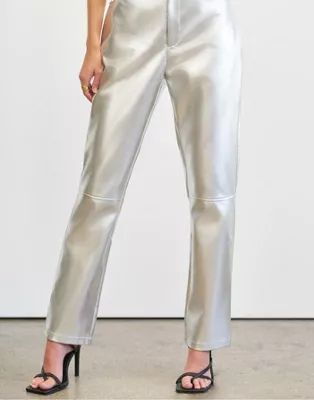 4th & Reckless x Elsa Hosk straight leg leather look trousers in silver | ASOS (Global)