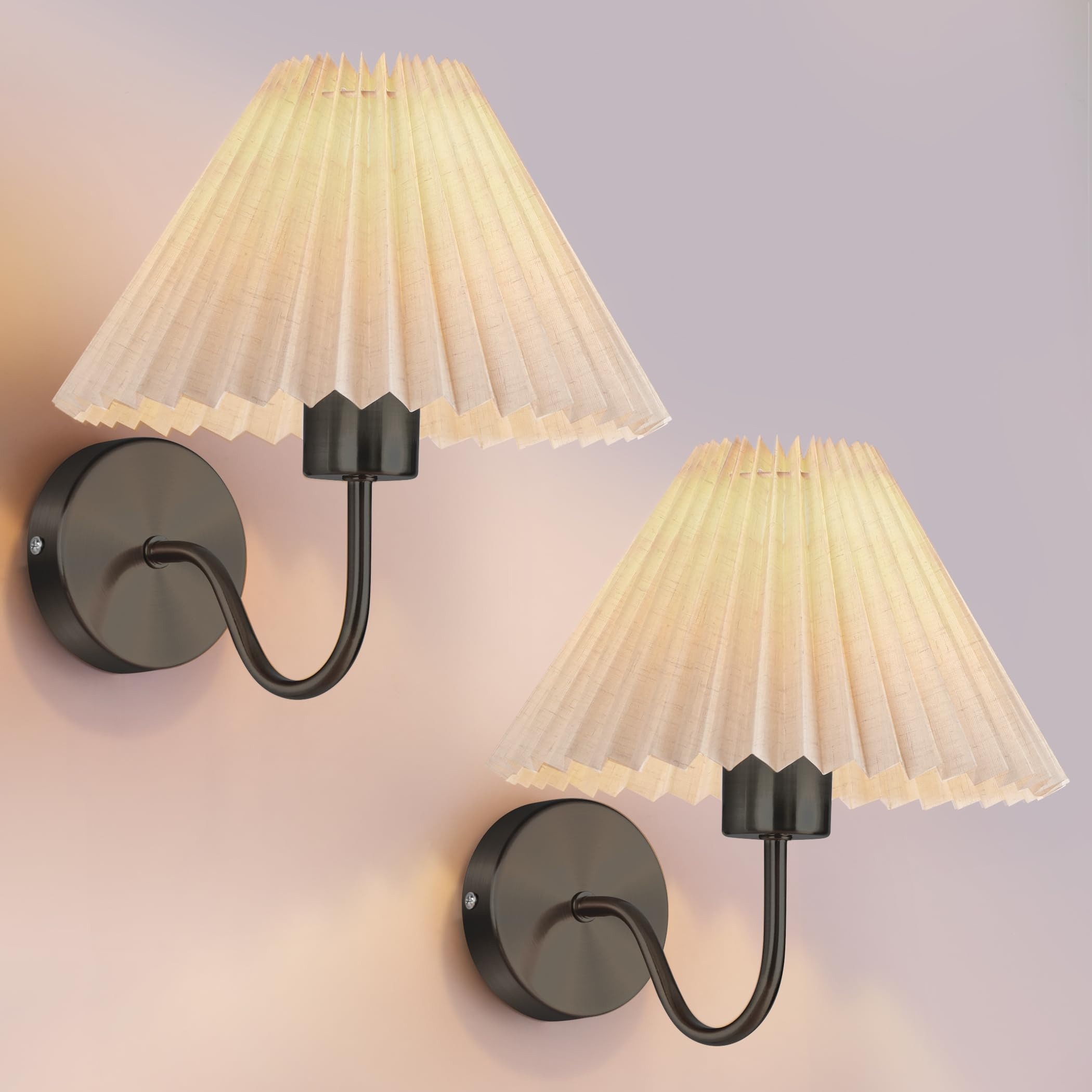 Wall Sconces Sets of 2, Indoor Wall Light Fixtures with Fabric Lampshade, Pleated Fabric Wall Lam... | Amazon (US)