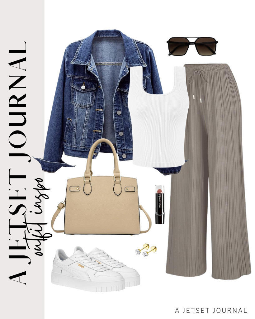 If you're meeting friends for coffee, a deep blue denim jacket over a sleeveless white top is a great choice. It pairs well with earth-tone pants and Puma street sneakers. This outfit is so cozy! Complete the look with LOLIAS flat-back earrings and apply Wet n Wild lipstick. 

 #LTKSeasonal #LTKSaleAlert #LTKTravel