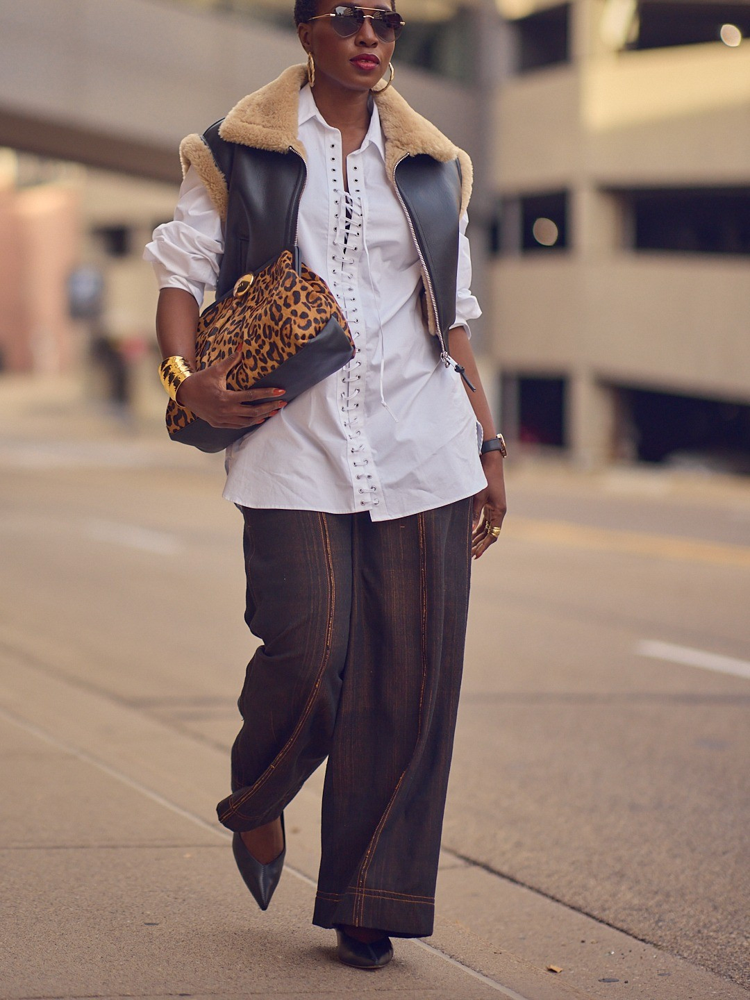 A casual Fall outfit with wide-leg jeans and a layered oversized shirt 🤎 Add a little leopard for a trendy touch! Brown jeans, leopard handbag, sherpa leather vest, Fall fashion sales, Fall 2025

#LTKOver40 #LTKStyleTip #LTKSeasonal