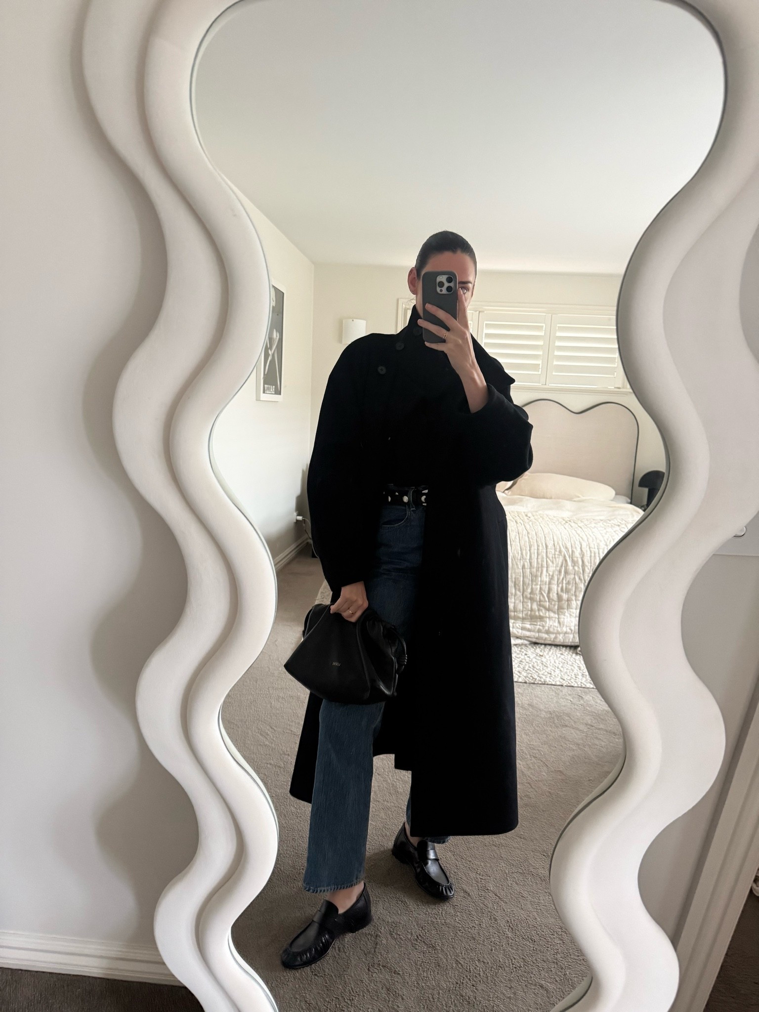 Outfit of the day 

Black oversized wool coat 
Black long sleeve cotton top 
Blue high rise straight denim 
Black and chrome studded belt 
Leather loafers

#LTKaustralia #LTKautumn