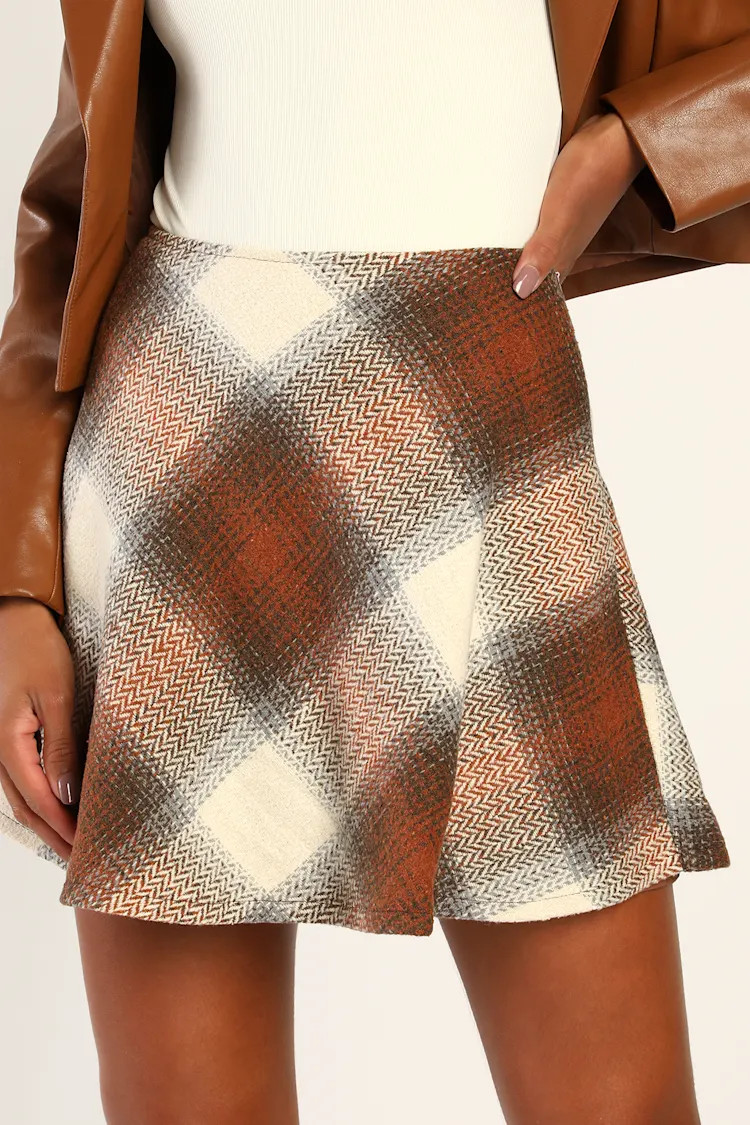 Plaid You Asked Ivory and Brown Plaid Skater Mini Skirt | Lulus