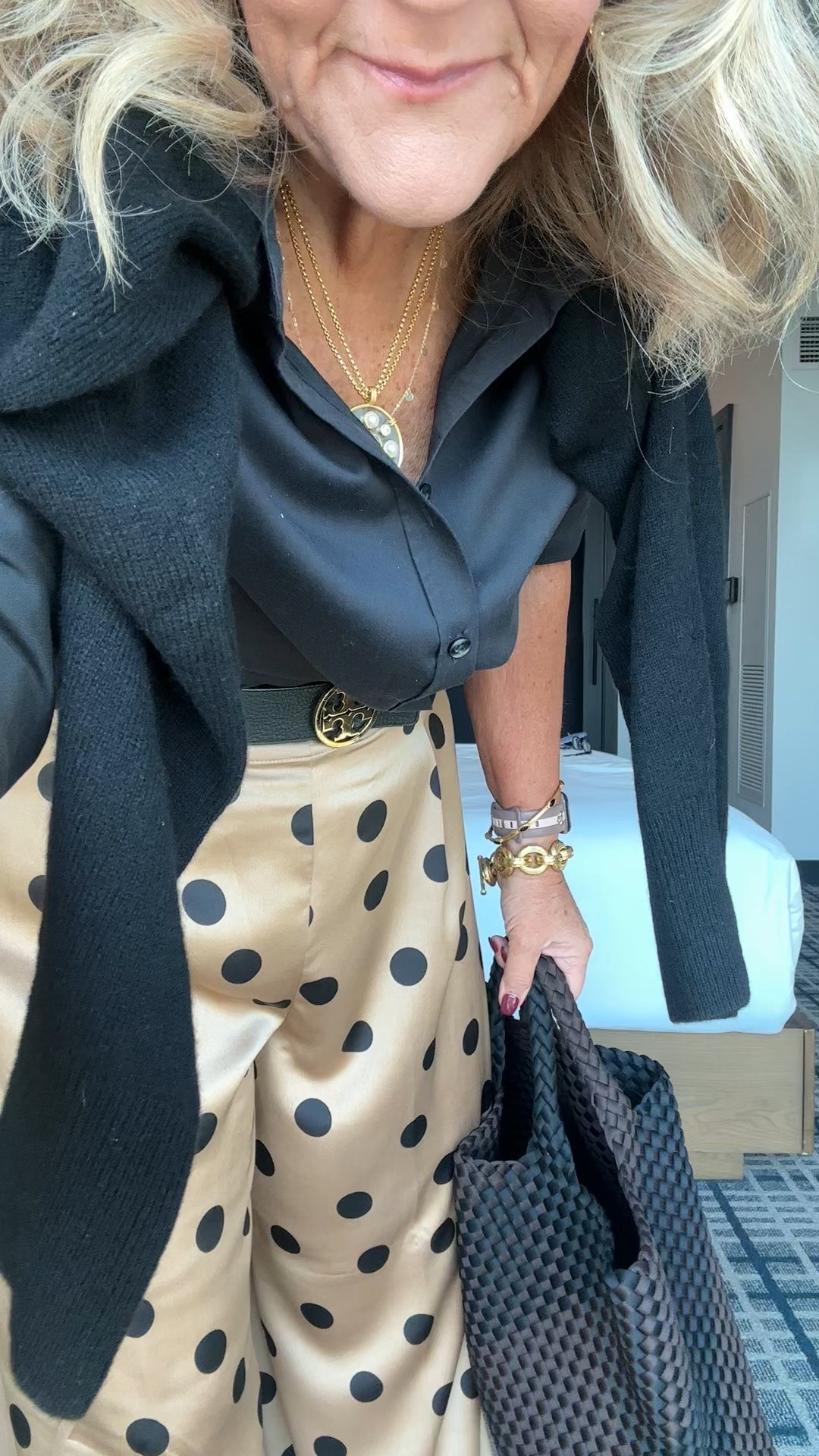 Hook it up Palazzo pants wearing size medium or eight I can’t remember. I am not in appetite. I did have them about 2 inches. I love them for an elevated work or dinner date cocktail party travel cruises to great outfit.
Chico’s ironing blouse size 1 point 
Quince, cashmere size medium 
Cap to sling back shoes I like to size up a half for a little extra toes

#LTKCon #LTKOver40 #LTKWorkwear