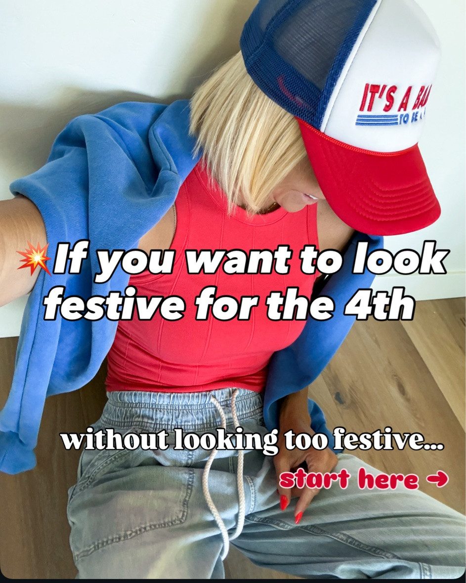 Low-key 4th of July style 🇺🇸❤️💙
Easy red, white + blue outfits that feel cute, flattering, and wearable all summer — from classic stripes and tanks to pull-on shorts, a modest one-piece, and a good USA tee.
*everything fits tts unless noted below
•Wearing size small in drawstring jeans
•Both red & blue sweatshirts are unisex sizing, wearing medium for oversized fit 
•Consider sizing down in blue snap tank. Fits wide
•red swimsuit fits big. I did a medium for length (I’m 5’8”) and it’s plenty long and roomy through tummy 
•size up in red cuffed @Target shorts
•size down in jeans with blue striped tee

#LTKOver40 #LTKmomlife #LTKSwim