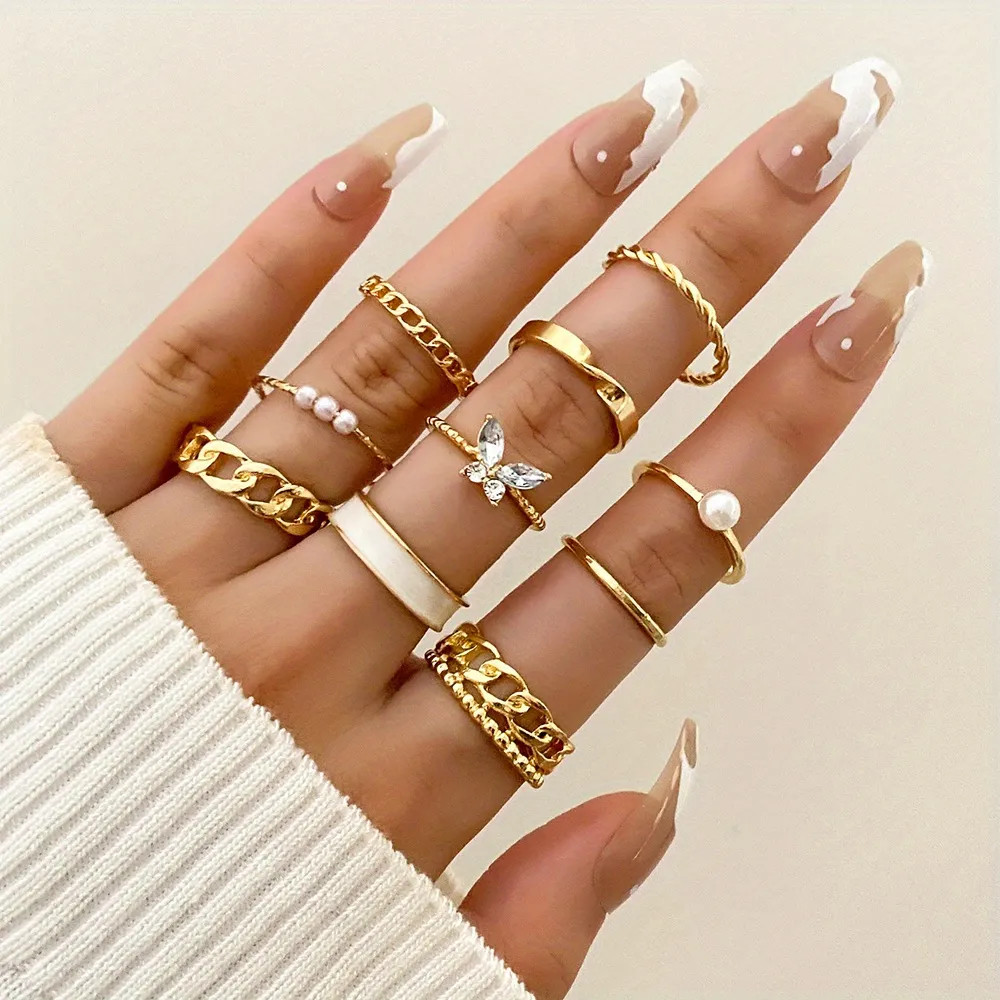 10 Pcs Geometric Chain Butterfly Rhinestone Rings For Girls Women | Temu Affiliate Program