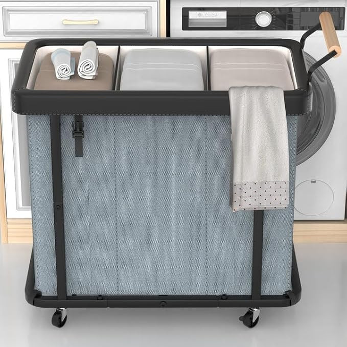 60 Gal (230L) Laundry Hamper 3 Section with Lid, Leather Patchwork Laundry Sorter with Rolling Lo... | Amazon (US)