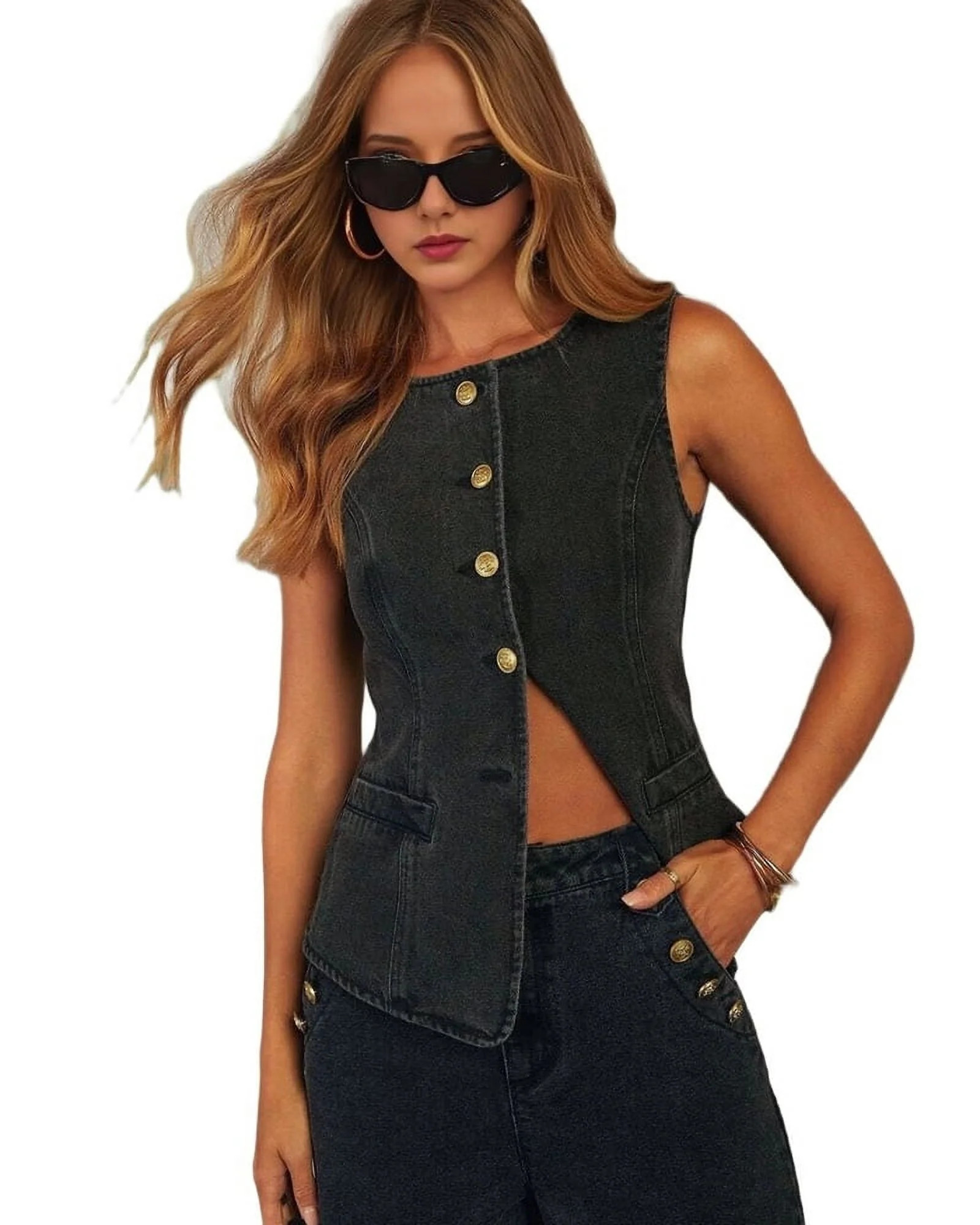 Women’s Long Denim Vest Waistcoat Vest Sleeveless Button-Up Back Slit Jean Jacket Vest Y2k Clot... | Walmart (US)