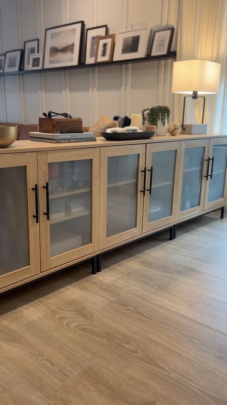 Modern white oak sideboard look for less— we combined 3 small cabinets to make one big sideboard. Then added reeded glass film and oversized handles to give this piece a very elevated look on a budget.

#LTKstyletip #LTKhome