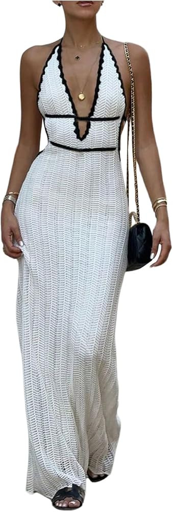 SOLY HUX Women's Tie Backless Maxi Halter Dress Deep V Neck Sleeveless Knit Elegant Dresses | Amazon (US)