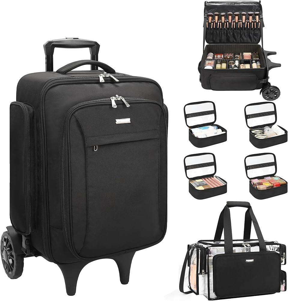 Relavel Rolling Makeup Case with Large Clear Makeup Bags, Large Make Up Travel Organizer with 2 b... | Amazon (US)