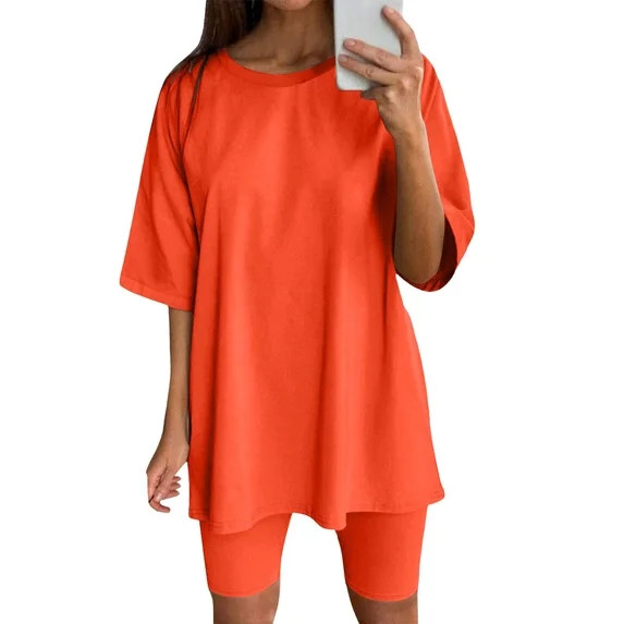 Daolelai Women's Solid Color Casual Round Neck Loose T-Shirt Top Elastic Waist Shorts Sports Fitn... | Walmart (US)