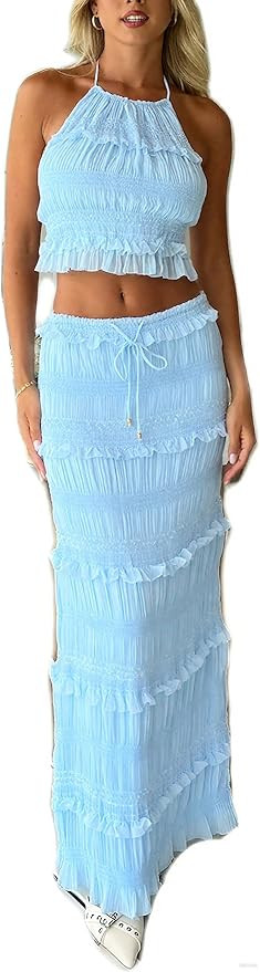 Womens Y2k Maxi Skirt Set Backless Lace Halter Crop Top and Long Skirt Sets Beach Cocktail Club D... | Amazon (US)