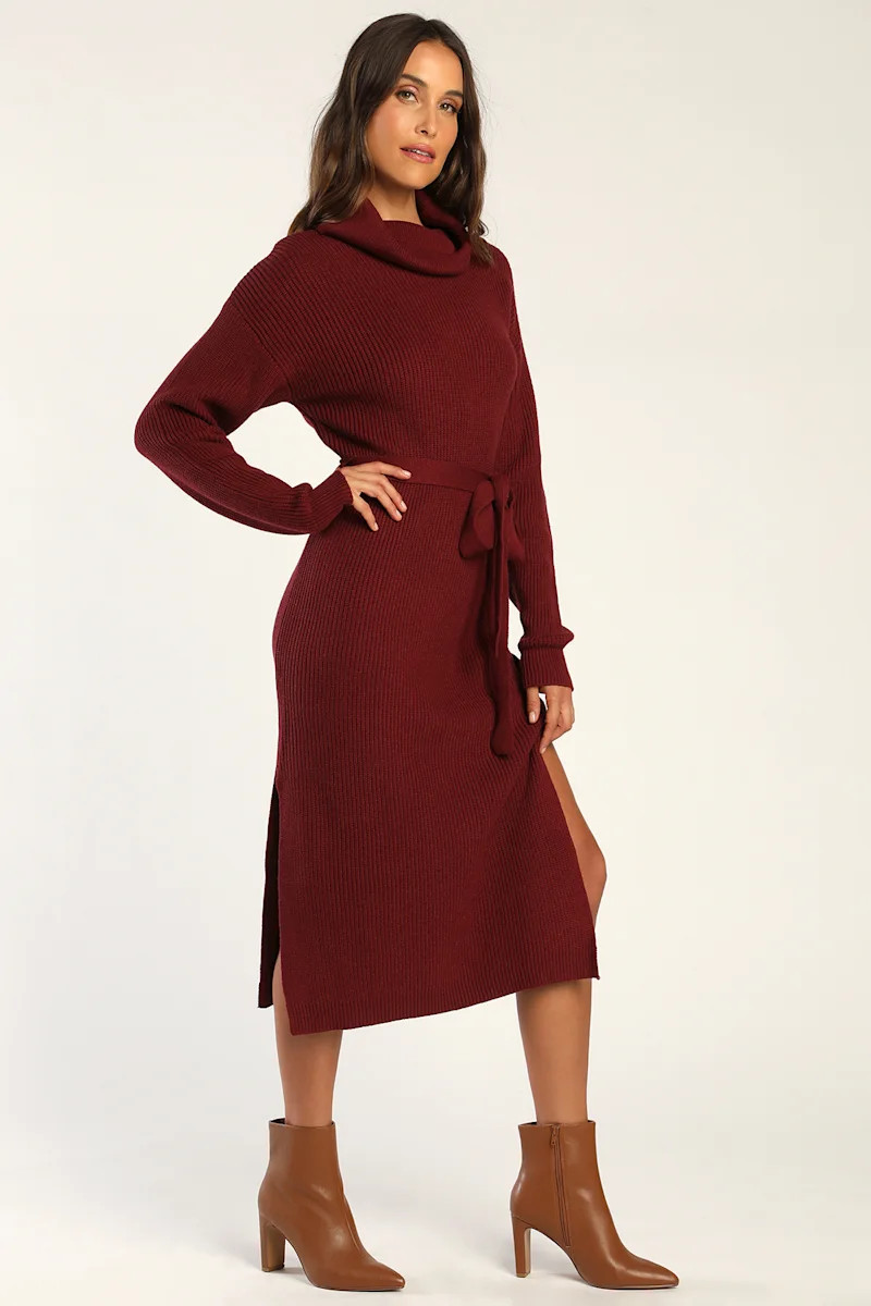 Snuggle Chic Burgundy Knit Turtleneck Midi Sweater Dress | Lulus (US)