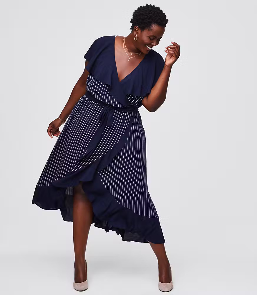 LOFT Plus Pinstripe Ruffle Wrap Dress | LOFT