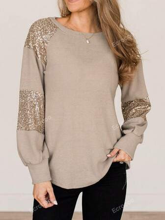Solid Patchwork Sequins Round Neck Casual Sweatshirt | SHEIN USA | SHEIN