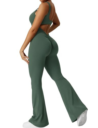 YEOREO Women Workout Flare Jumpsuits Sleeveless Backless Scrunch Butt V Back Gym Yoga Jumpsuit Basil Green XL | Amazon (US)