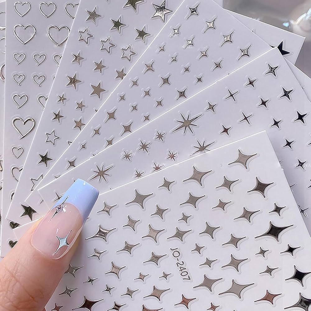 6Sheets Heart Star Nail Art Stickers 3D French Silver Glitter Nail Decals Designer Nail Supplies ... | Amazon (US)