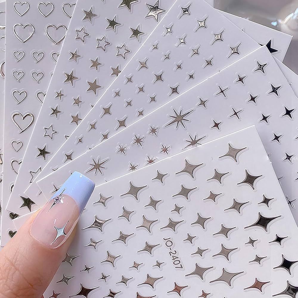 6Sheets Heart Star Nail Art Stickers 3D French Silver Glitter Nail Decals Designer Nail Supplies ... | Amazon (US)