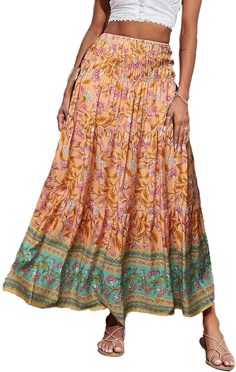 CFLONGE Women's 2025 Bohemian Long Skirts Flowy High Waist A Line Maxi Skirts for Women Summer Pl... | Amazon (US)