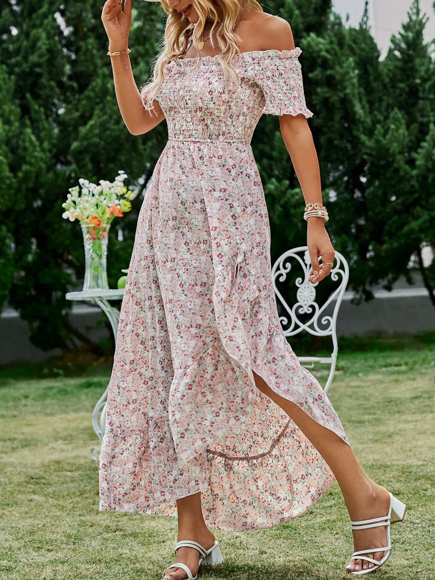 'Chelsea' Floral Printed Off The Shoulder Ruched Maxi Dress | Goodnight Macaroon