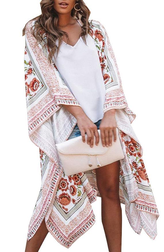 Relipop Women's Sheer Chiffon Blouse Loose Tops Kimono Floral Print Cardigan | Amazon (US)
