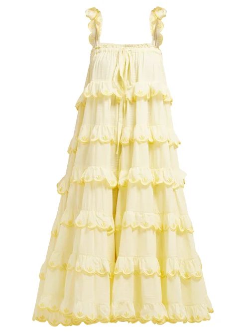Innika Choo - Iva Biigdres Tiered Cotton Midi Dress - Womens - Yellow | Matches (US)