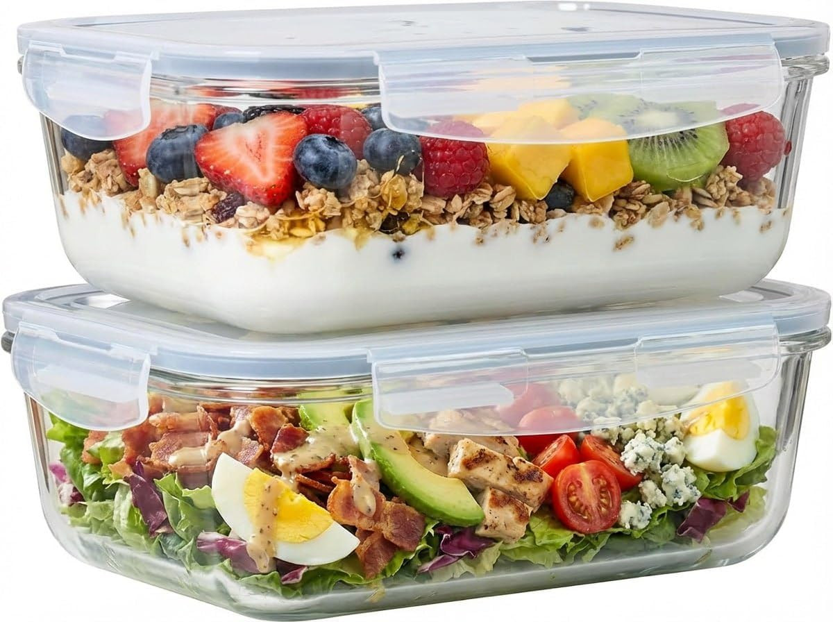 4pc Set - 8 Cup/64oz Large Glass Food Storage Containers with Lids Airtight Meal Prep Container with Lid Lock - Freezer Microwave & Oven Safe Clear Lunch Bowl Stackable Baking Pantry Organizer (2Pack) | Amazon (US)