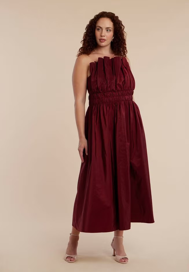 Pleated Ruffle Neckline Midi Dress | Eloquii