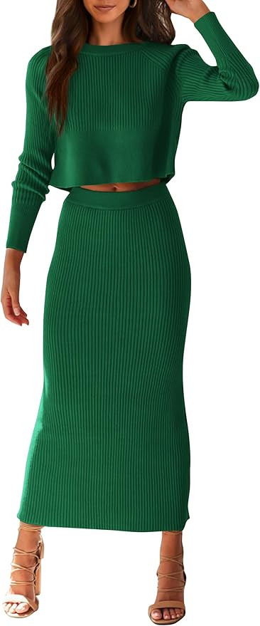 PRETTYGARDEN Women's Spring Fall 2 Piece Sweater Set Rib Knit Long Sleeve Crop Top Maxi Bodycon S... | Amazon (US)