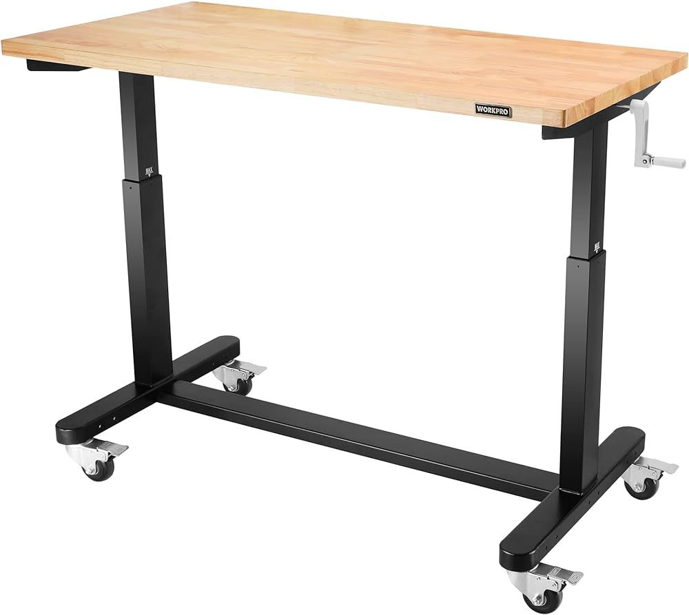 WORKPRO 48” Height Adjustable Work Table with Crank Handle and Casters, 48” x 24” Wooden To... | Amazon (US)