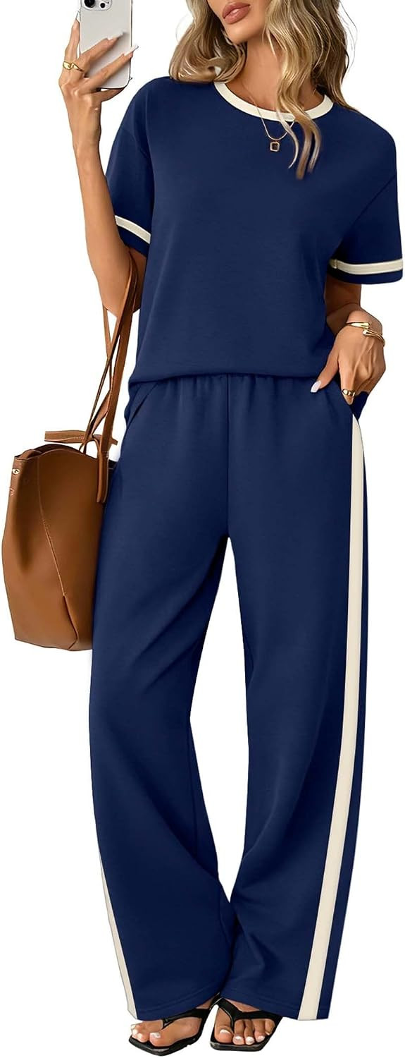 Sampeel 2 Piece Sets for Women Matching Sets Summer Outfits Resort Wear Short Sleeve Lounge Set Wide Leg Pants with Pockets | Amazon (US)