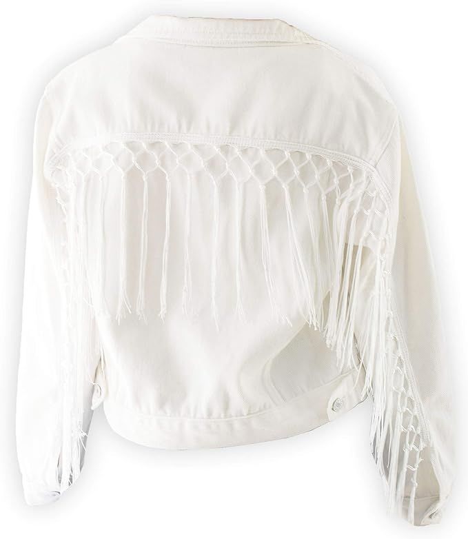 ModParty Women’s Fringe Jacket White Crop Denim Jean Jacket With Tassel Trim | Amazon (US)