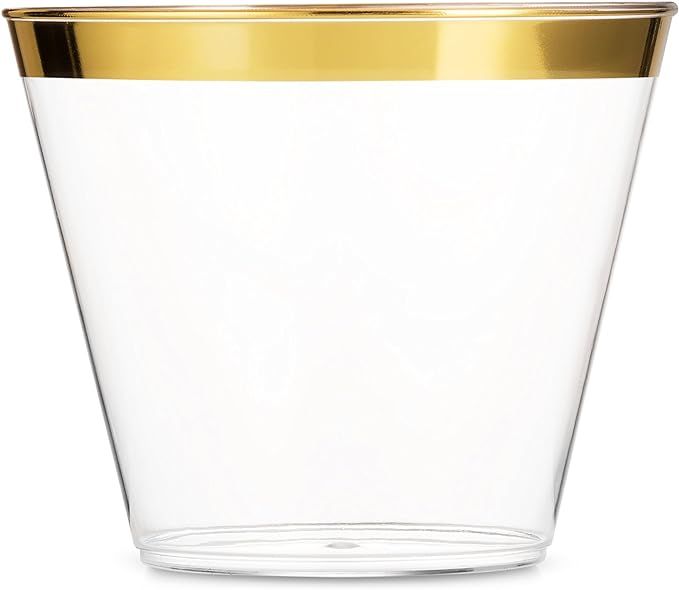 100 Gold Plastic Cups 9 Oz Clear Plastic Cups Old Fashioned Tumblers Gold Rimmed Cups Fancy Dispo... | Amazon (US)