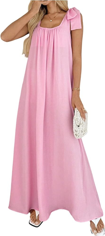 OYOANGLE Women's Bow Tie Knot Sleeveless Long Maxi Dress Casual Beach Vacation Going Out Club Par... | Amazon (US)