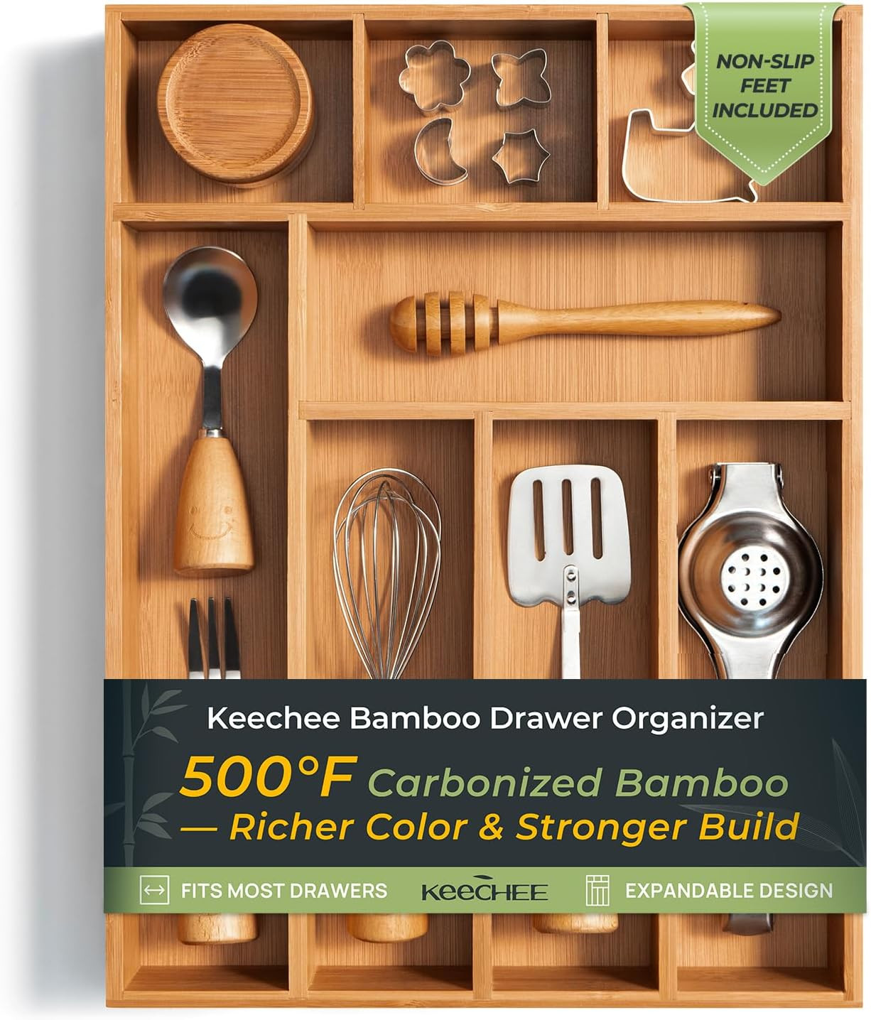 Carbonized Bamboo Kitchen Drawer Organizer, 8 Slots Silverware Organizer, Utensil Holder & Cutler... | Amazon (US)