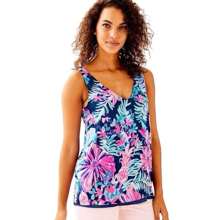 Lilly Pulitzer Reversible Florin Tank Top Preppy Tropical Floral Pink Blue S NWT | eBay US