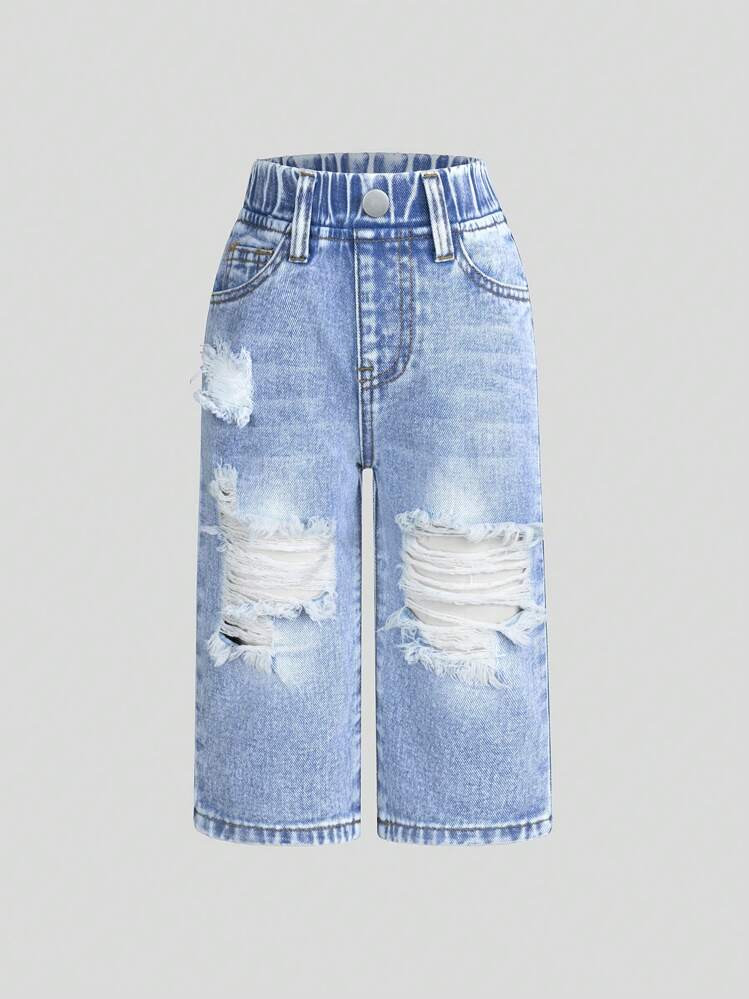 SHEIN Baby Girls Plain All-Match Distressed Straight Leg Jeans,Holiday,Summer,Travel | SHEIN