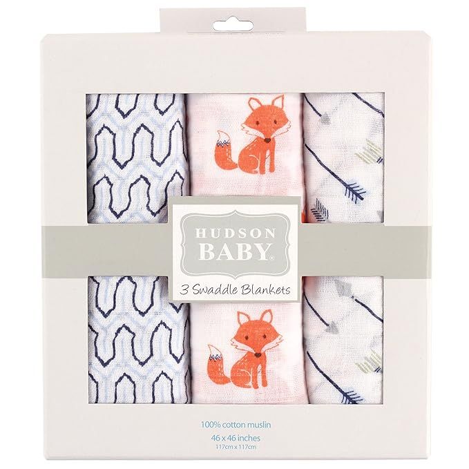 Hudson Baby Unisex Baby Cotton Muslin Swaddle Blankets, Foxes 3-Pack, One Size | Amazon (US)