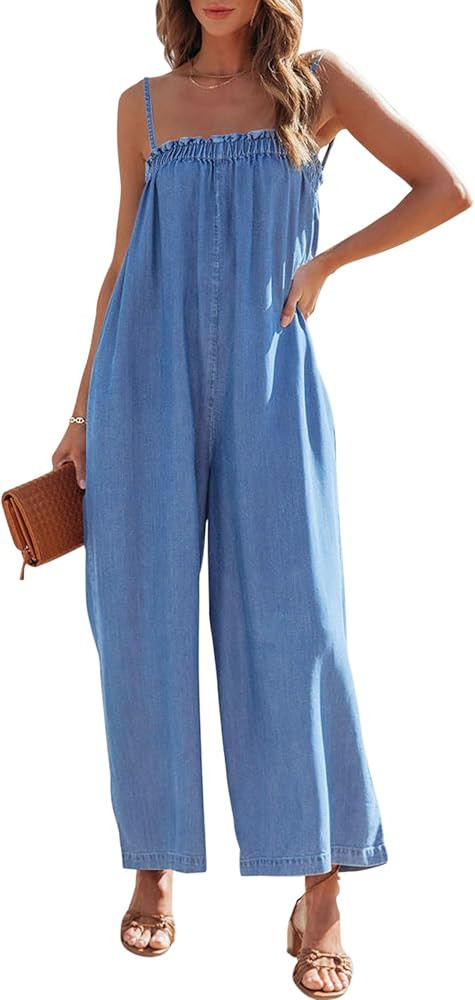 Onedreamer Womens One Piece jumpsuits Casual Sleeveless Wide Leg Denim Romper Loose Spaghetti Str... | Amazon (US)