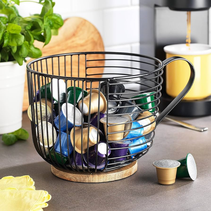 Coffee Pod Holder - Large Capacity Black Wire Kup Storage with Wooden Base - Modern Coffee Basket... | Amazon (US)