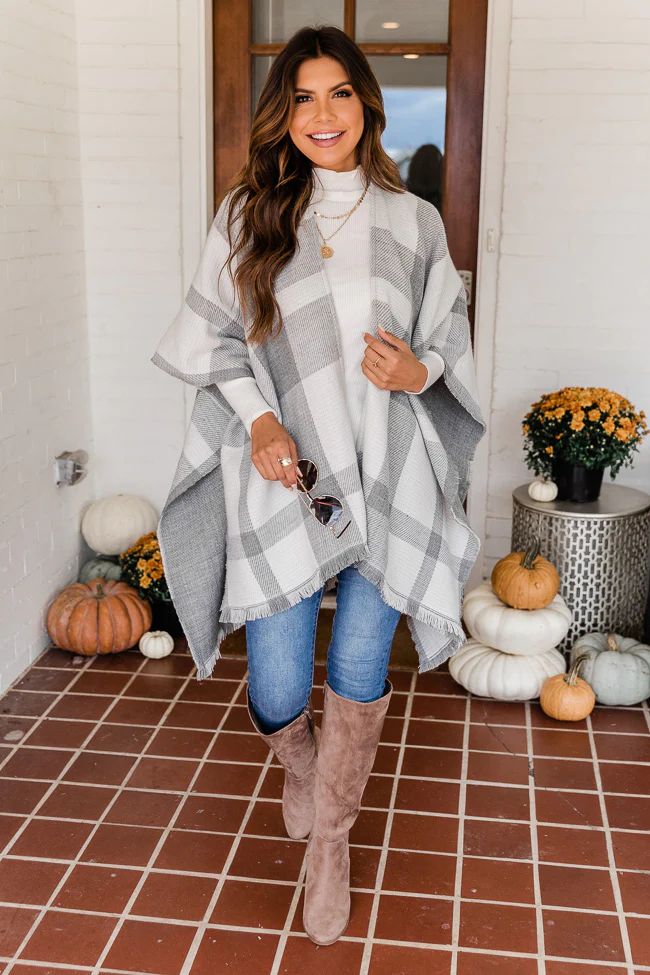 Behind The Scenes Grey Plaid Poncho | The Pink Lily Boutique