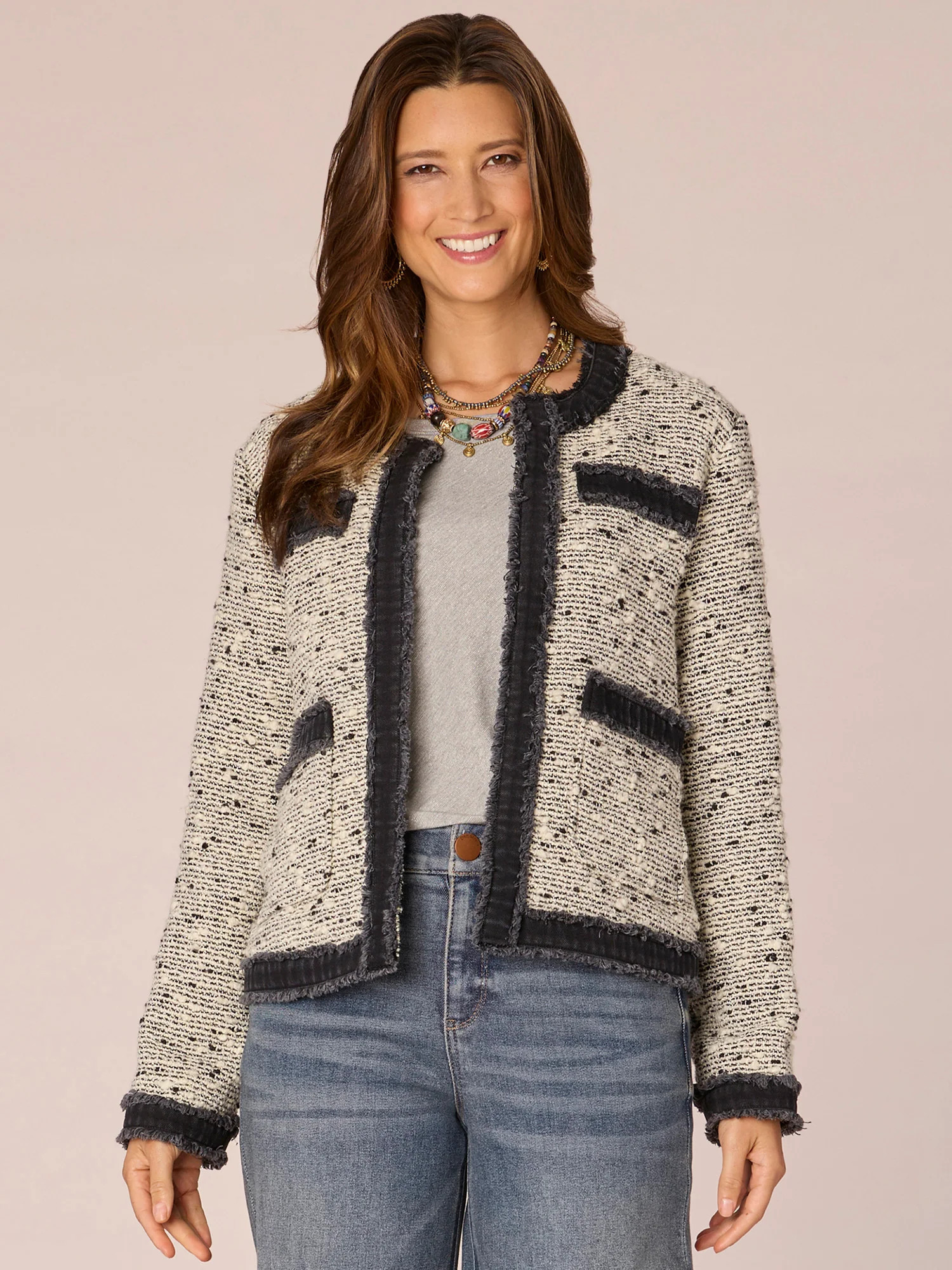 Long Sleeve Open Front Round Neck Denim Framed Fray Jacket | Democracy Clothing