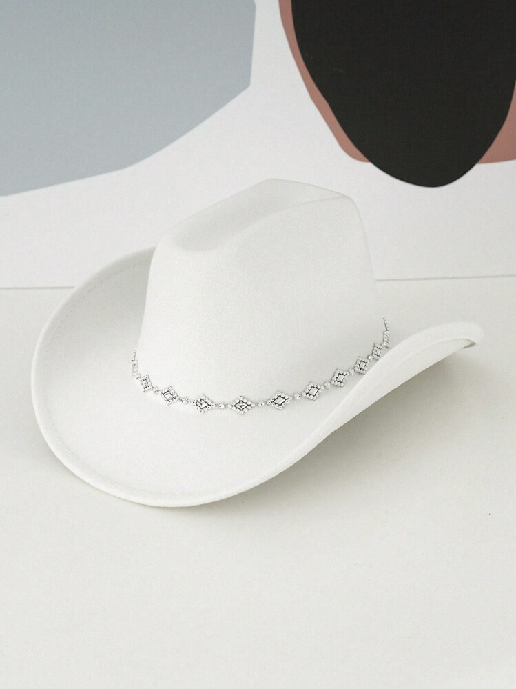 1pc Unisex Solid Color Faux Diamond Rhombus Decorative Western Cowboy Hat, Boho Ridge Cowgirl Hat, Beach Hat, Panama Hat, Sun Hat, Jazz Hat, Cowboy Hat, Soft Felt Hat, Fedora Hat, Chic Aesthetic, Suitable For Western Themed Events, Parties, Engagement, Cosplay, Graduation, Masquerade, Festivals, Weddings, Birthdays, Music Festivals | SHEIN