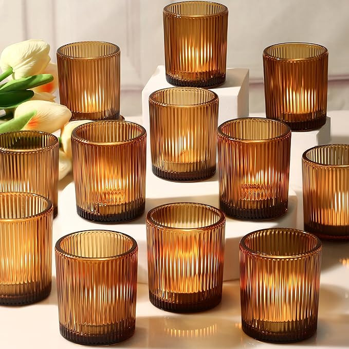 24 Pack Vintage Amber Votive Candle Holders, Glass Candle Holders for Table Centerpiece, Small Te... | Amazon (US)