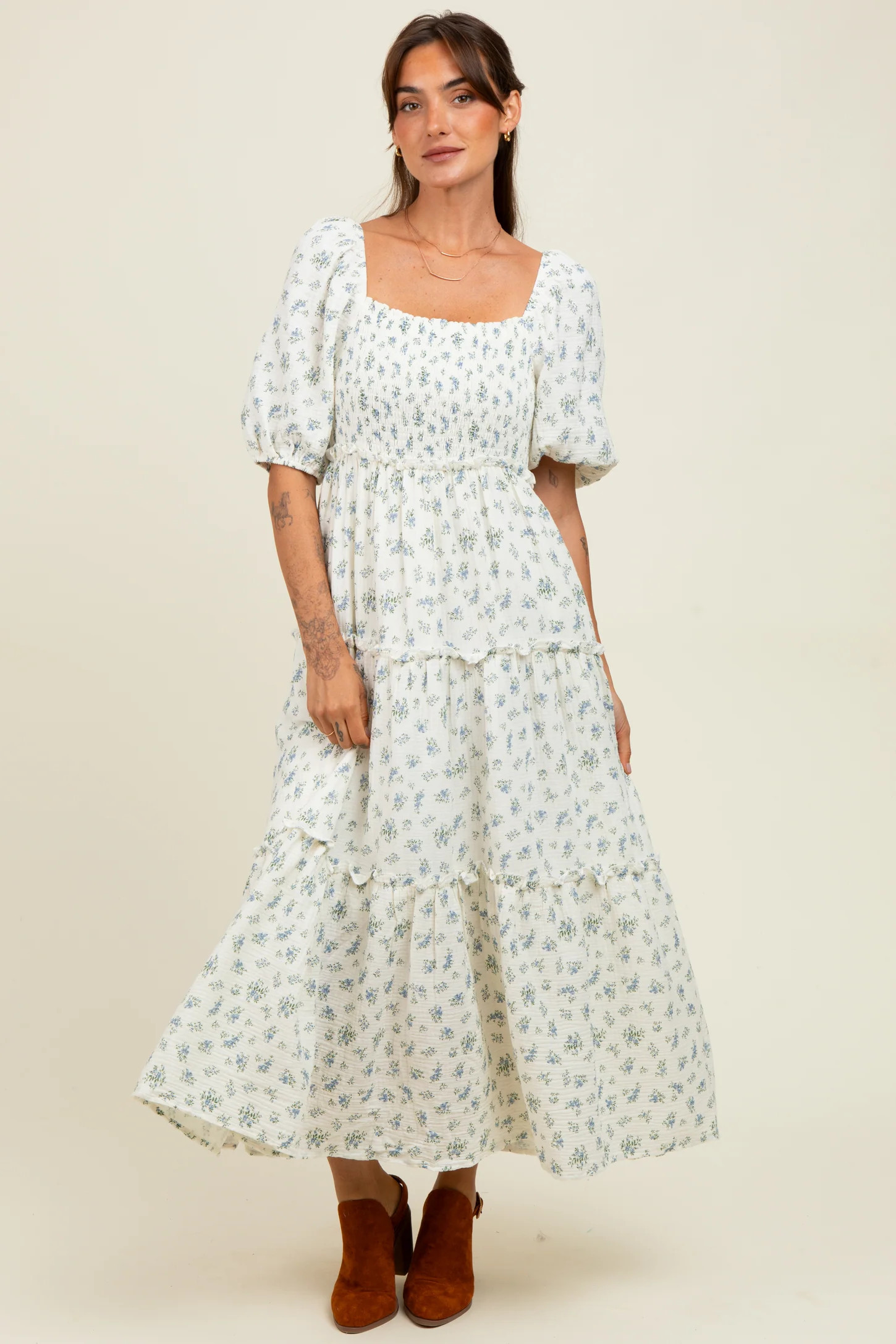 Blue Floral Smocked Ruffle Tiered Maxi Dress | PinkBlush Maternity